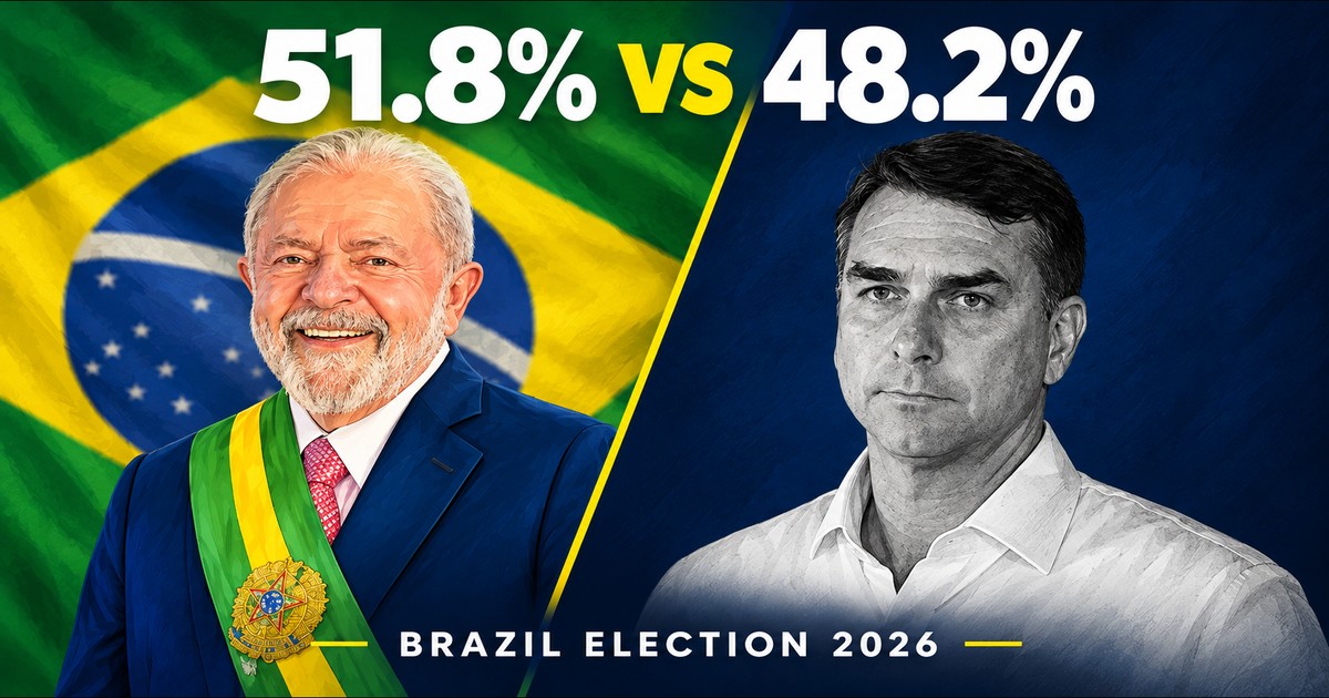 AI composite image: Lula smiling in his presidential sash in front of the Brazilian flag on the left, Flávio Bolsonaro in black and white on a dark blue background on the right, with the result 51.8% vs 48.2%