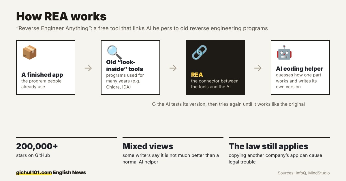 Diagram of how REA works: a finished app, old look-inside tools, REA as the connector, and a coding helper that writes its own version