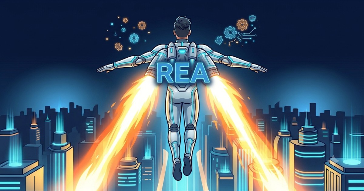 Illustration of a person in a futuristic flying suit with REA written on the back, flying over a glowing city at night