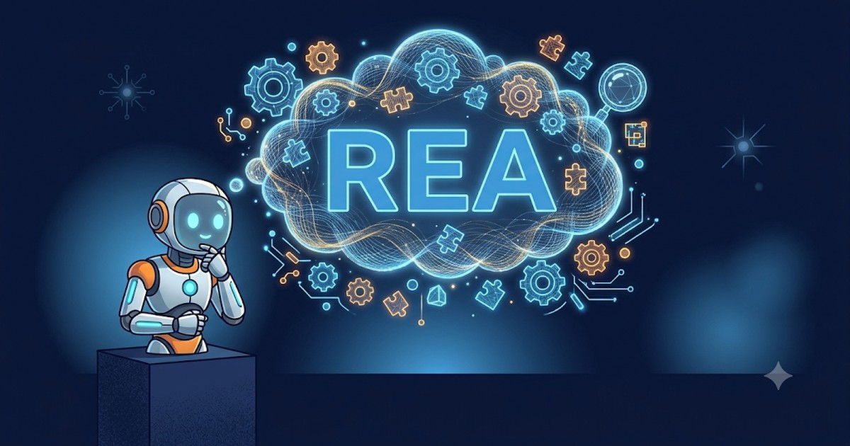 Illustration of a futuristic white robot thinking, with a glowing thought cloud that says REA